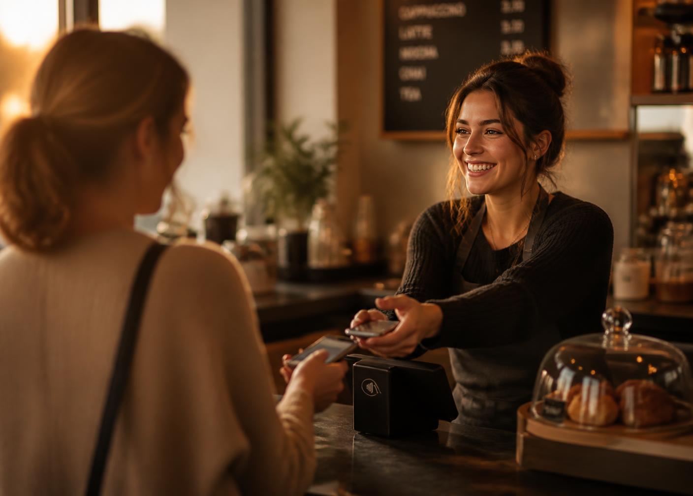 Merchant receiving an instant crypto payment from a customer behind the counter